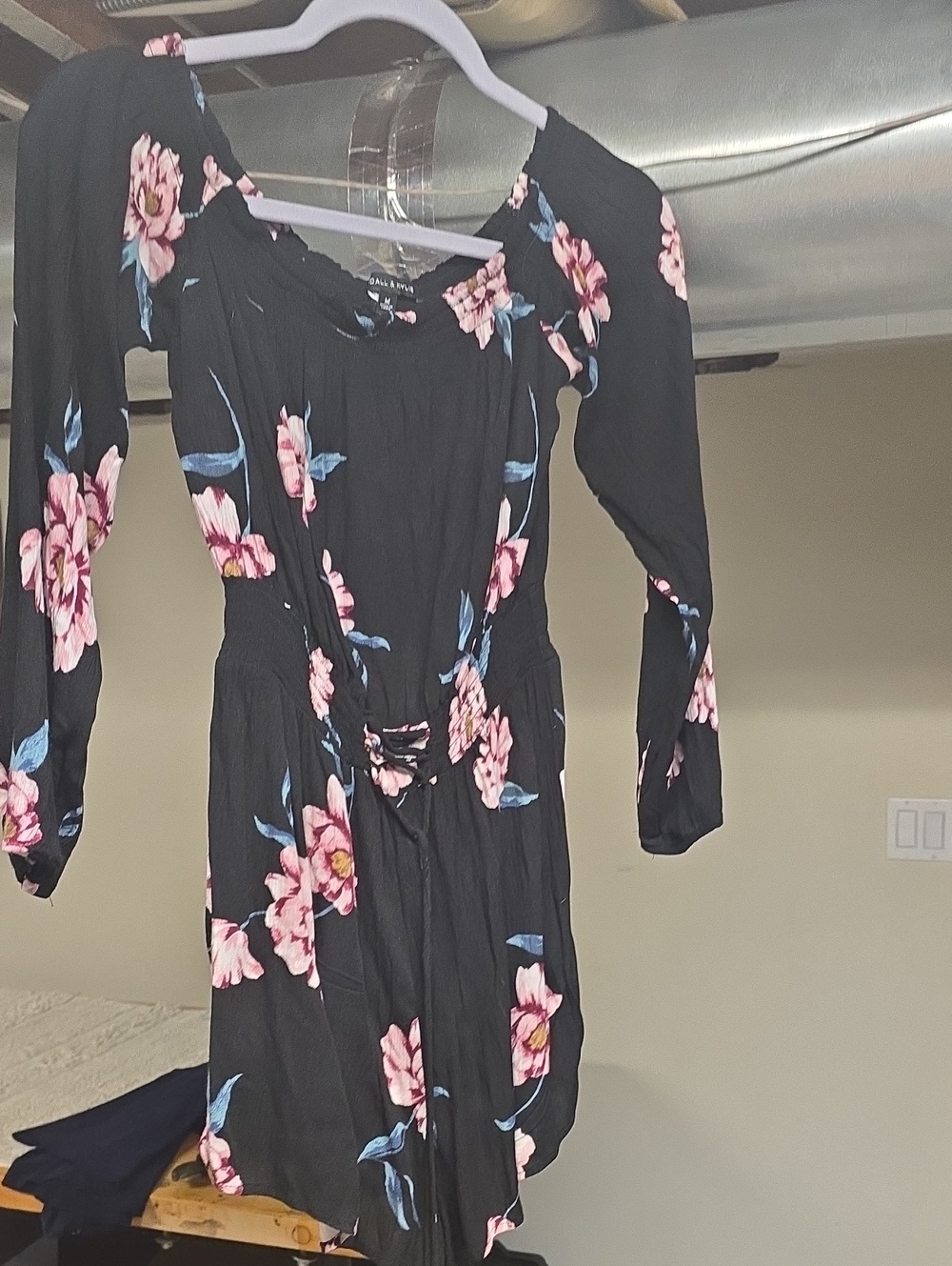 Black Floral Off-Shoulder Women’s Romper with Pink Blossoms